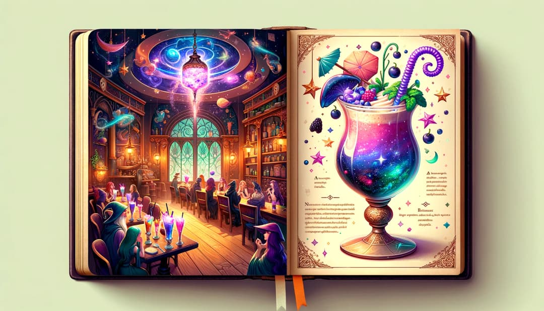 An illustration of a milkshake in a magical diner in a book