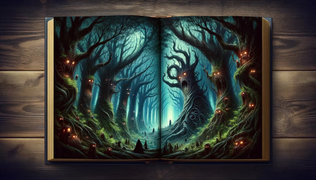 An illustration of a scary fantasy forest in a book